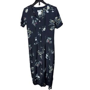 Ultimate Blues Vintage Navy Floral Button Front Midi Dress Tie Back Rayon M